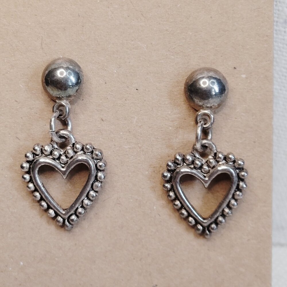 Silver Tone Beaded Heart Dangle Earrings 1.25 Inch Drop